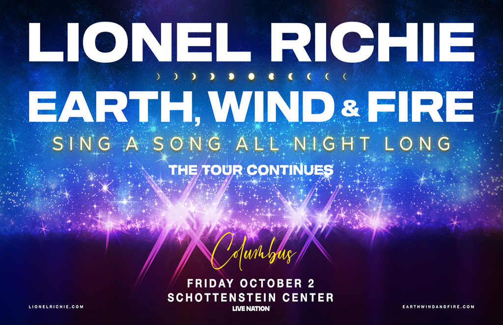 Concert poster announcing Lionel Richie with Earth, Wind & Fire in Columbus, Friday October 2 at Schottenstein Center; promotion text 'Sing a Song All Night Long'.