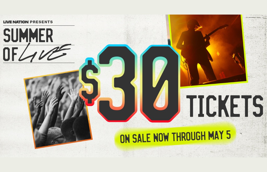 Promotional poster for Summer of Love with bold '$30' tickets, guitarist silhouette, and crowd photos; sale through May 5.
