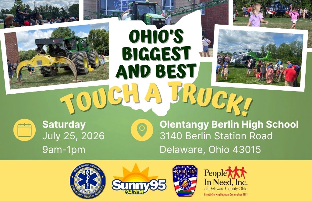 Poster for 'Ohio's Biggest and Best Touch a Truck' with trucks, kids, and families; event date July 25, 2026, 9am–1pm at Olentangy Berlin High School, Delaware, Ohio.