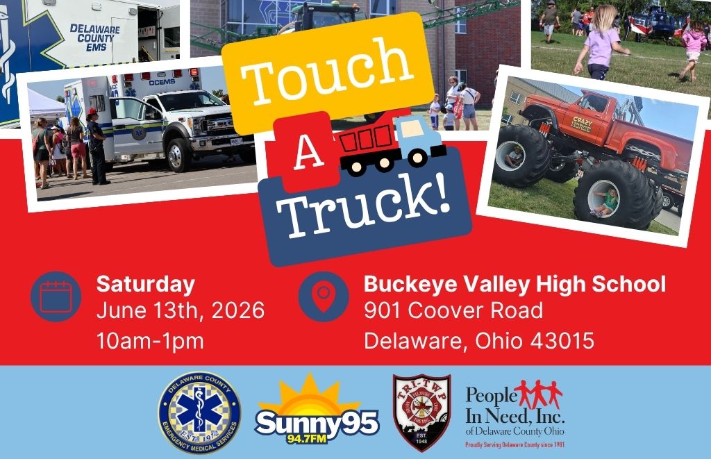 Poster for a Touch A Truck event featuring photos of trucks and emergency vehicles; details: Saturday, June 13, 2026, 10am–1pm at Buckeye Valley High School, Delaware, Ohio 43015.