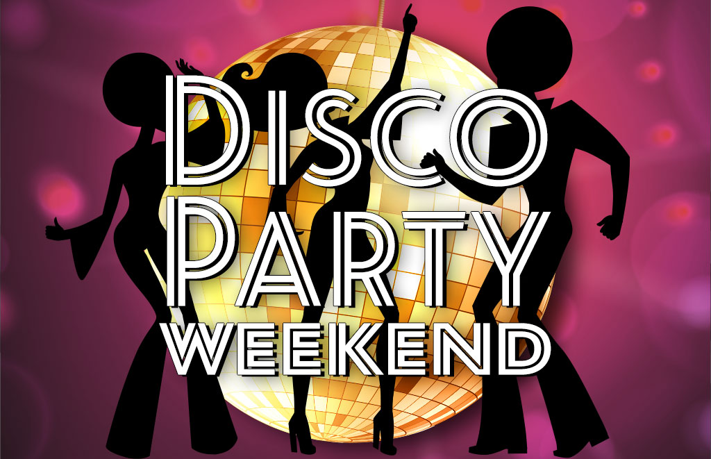 Silhouetted dancers around a glowing disco ball with a pink-purple background and the text DISCO PARTY WEEKEND.