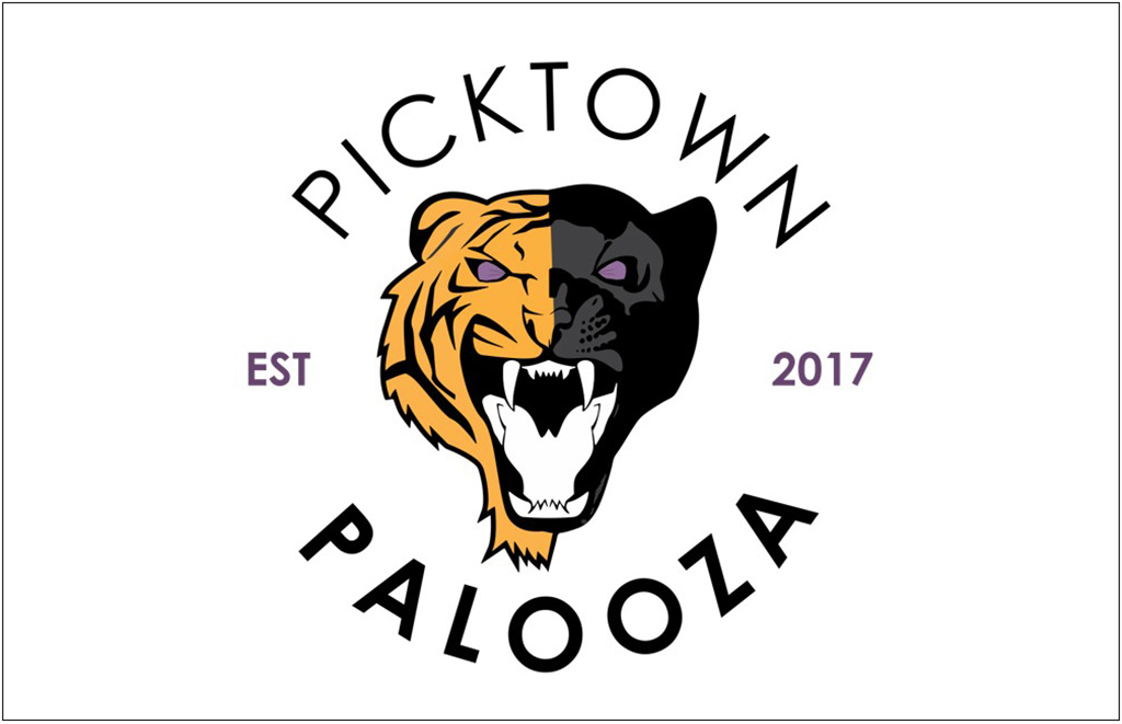 Logo for Picktown Palooza featuring a snarling tiger head split orange left and black right, with EST 2017 on the sides and curved text above and below.