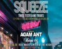 Poster advertising a live concert: Squeeze headlining with Adam Ant and Haircut 100, urban street scene with neon signs and posters in the foreground.