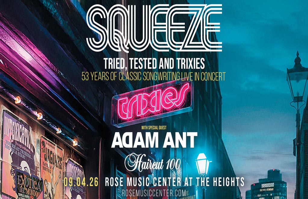 Poster advertising a live concert: Squeeze headlining with Adam Ant and Haircut 100, urban street scene with neon signs and posters in the foreground.