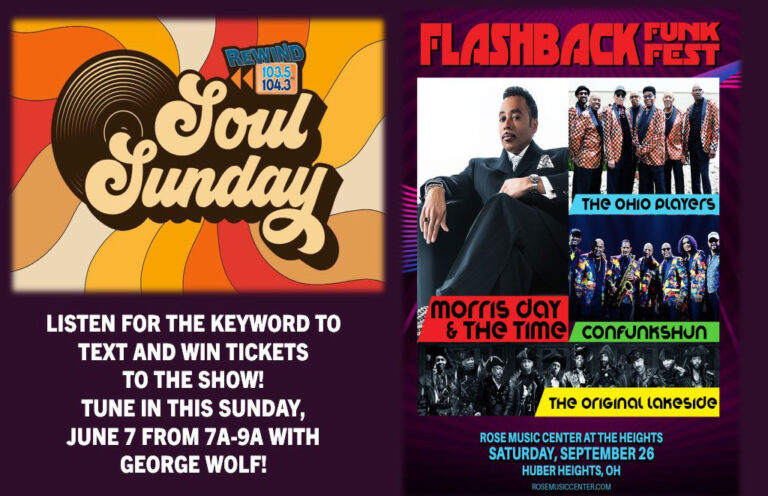 Two-panel promotional collage: left shows Soul Sundays retro logo; right shows Flashback Funk Fest lineup and venue details (Rose Music Center).