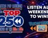 Promotional collage for a radio countdown: 'Top 250 Songs of the 80s & 90s' with a 'Listen all weekend to win' message and Rewind 103.5/104.3 branding on a patriotic background.