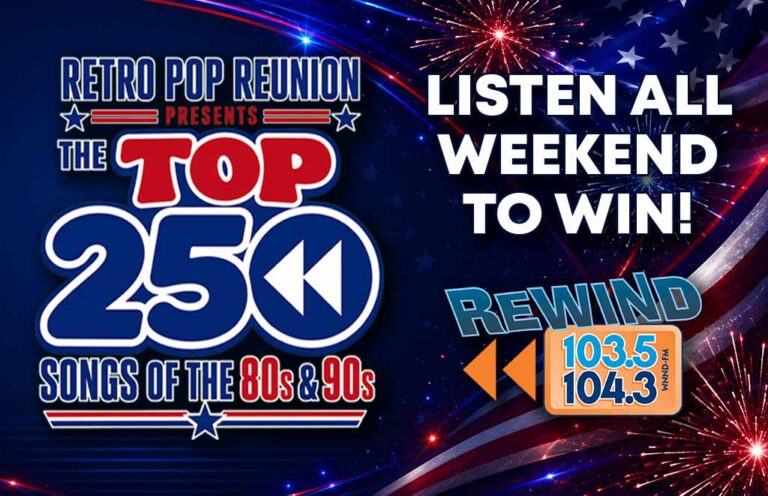 Promotional collage for a radio countdown: 'Top 250 Songs of the 80s & 90s' with a 'Listen all weekend to win' message and Rewind 103.5/104.3 branding on a patriotic background.