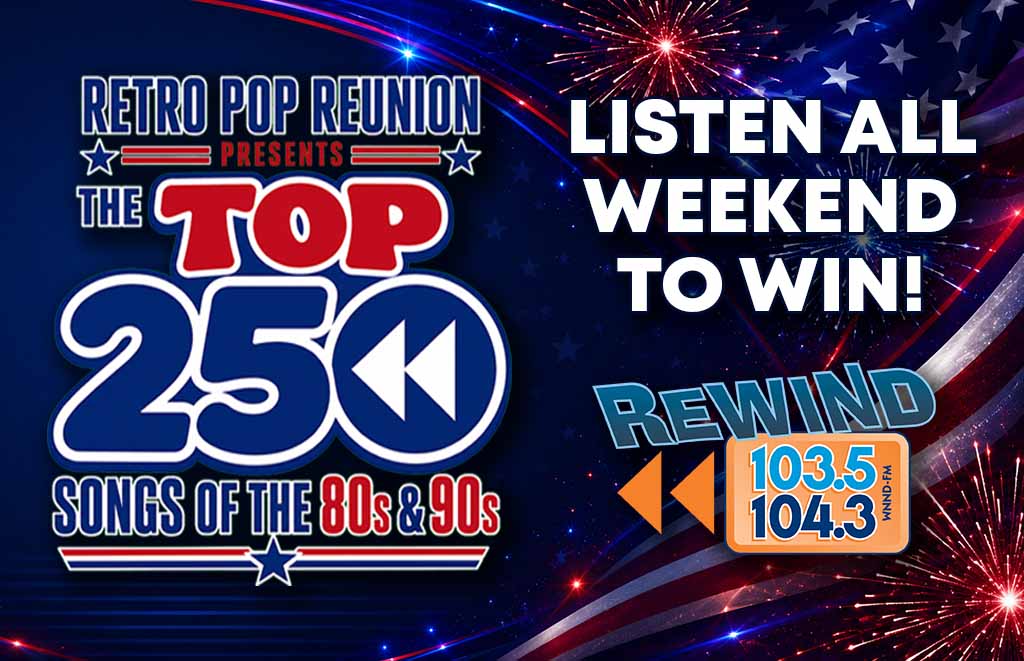 Promotional collage for a radio countdown: 'Top 250 Songs of the 80s & 90s' with a 'Listen all weekend to win' message and Rewind 103.5/104.3 branding on a patriotic background.