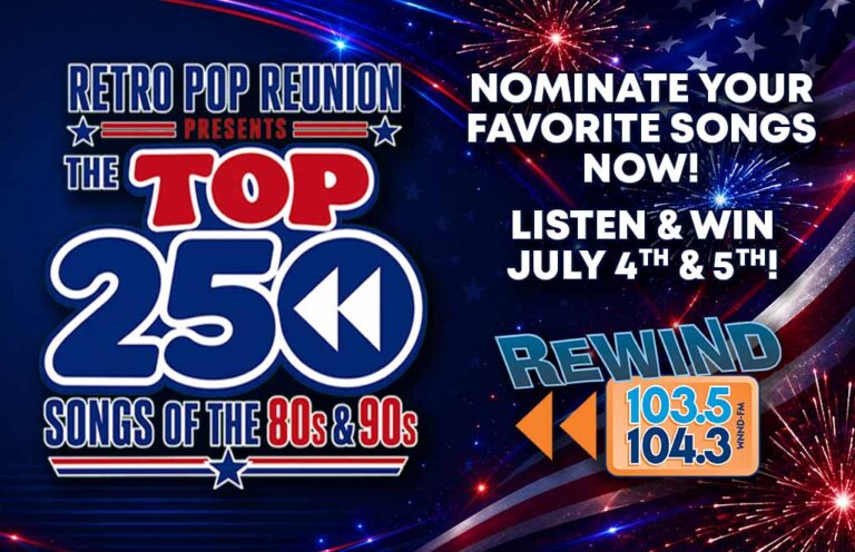 Promotional poster for Retro Pop Reunion's Top 250 Songs of the 80s & 90s, inviting nominations with fireworks and radio logos 103.5/104.3