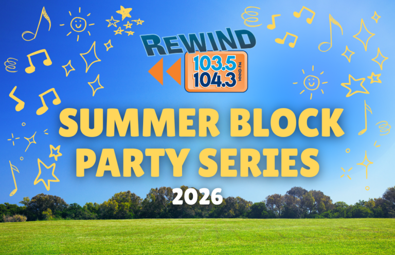 Promotional banner for Rewind 103.5/104.3 Summer Block Party Series 2016, with bold yellow text over a blue sky and grassy field with doodle decorations.