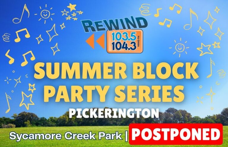 Bright blue poster advertising Rewind 103.5/104.3 Summer Block Party Series in Pickerington at Sycamore Creek Park with a red POSTPONED badge.